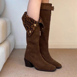 KYLETHOMASW  -  Women Leopard Knee High Boots Sexy High Heels Shoes Winter Warm Long Boots New Suede Pumps Chunky Chelsea Boots Snow Botas