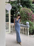 KYLETHOMASW  -  Chic V-neck Floral Dress For Women's 2024 Summer New French Fashion Slim Evening Dresses Holiday Style Elegant Long Party Dress.