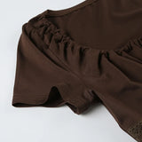 KYLETHOMASW  -  Drawstring square neck short sleeved T-shirt with women's lace patchwork design, high waist slim fit and slimming knit top