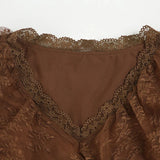 KYLETHOMASW  -  Socialite temperament retro brown V-neck lace ruffle slim fit long sleeved autumn slimming top with flared sleeves inside