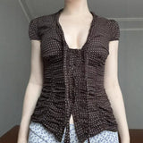 KYLETHOMASW  -  American style light mature V-neck lace up pleated slim fit shoulder T-shirt new polka dot short sleeved top