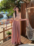 KYLETHOMASW  - Women Vintage Boho Green Print High Waist Elegant Pleated Wide Leg Pant Summer Pink Casual Loose Straight Split Trousers Fashion