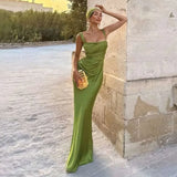 KYLETHOMASW  -  New Skinny French Haute Satin Waist Dress Elegant Green Neck Ribbon Dress Women