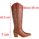 Kylethomasw   -  Western Cowboy Knee High Boots Women Pointed Toe Thick High Heeled Embroider Autumn Winter Red Long Booties Trendy Shoes Woman