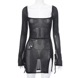 KYLETHOMASW  -  New Euramerican Thin See-throught Square Collar Long Sleeve Shirts Spice Girl Side Split Punk Top Y2k Punk All Match Short Dress