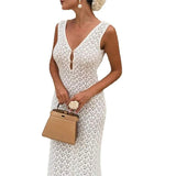 KYLETHOMASW  -  Solid Color Hollow Knitted Beach Vacation Dress Elegant Sleeveless Skinny Cover-up Dress Women Sexy Perspective Swimwear Dress