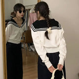 Kylethomasw White Navy Collar Knitted Cardigan Age Reduction Women Clothing Autumn Thin Long Sleeve Sweater Korean Fashion Y2k Top