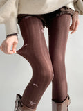 KYLETHOMASW  -  Nighttime Classroom Grey Tights Women's Spring Autumn Style Retro Hollow Vertical Stripe Socks  Knot Printed Base La...