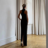 KYLETHOMASW  -  Sexy Off Shoulder Solid Color Temperament Evening Dress High-end Sleeveless Dress Hot Women Fashion Sleeveless Halter Long Dress