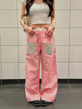 KYLETHOMASW  -  American Retro Plaid Patchwork Pocket Casual Pants Women Summer Loose Versatile Straight Leg Wide Leg Pants Lazy Style Long Pant