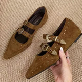 KYLETHOMASW  -  Fashion Rivets Pointed Toe Mary Jane Shoes Women High Quality Designer Double Belt Buckle Design British Style Casual Flat Shoes