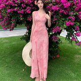 KYLETHOMASW  -  Women's Print Long Dresses Elegant V-neck Sleeveless Bodycon Evening Party Dress New Fashion Slim Waist Vestidos Mujer New Robe