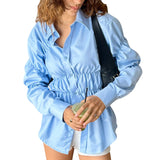 KYLETHOMASW  -  Women Long Sleeve Shirts Solid Color Scrunched Turn Down Collar Button Down Blouses Spring Casual Tops Streetwear