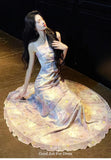 KYLETHOMASW  -  Women's Elegant Lavender Floral Tiered Dress Summer Spaghetti Strap Ruched Asymmetric Ruffle Tulle Long Dress Beach Vacation