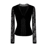 KYLETHOMASW  -  Velvet Lace Patchwork V-neck Long Sleeve T-shirt Autumn  New Style Women Comfortable Casual Fashionable T-shirt Top