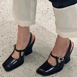 KYLETHOMASW  -  Fashion Black Patent Leather Mary Janes Slingbacks Women Pumps Spring Summer Wave Toe Chunky High Heels Office Lady Daily Shoes