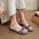 KYLETHOMASW  -  Summer Plaid Satin Bow Knot Women Slippers Concise Square Toe Lightweight Slip On Slides Outdoor Daily Walking Vacation Shoes