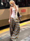 KYLETHOMASW  -  Y2K Plaid Wide Leg Pants Women Summer Streetwear High Waist Loose All Match Pants Casual Pockets Lady Mopping Trousers
