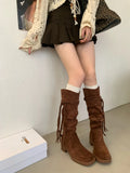KYLETHOMASW  -  Brown Suede Boots Woman Round Toe Fall Winter Gothic Shoes Fashion Chunky Heels Knee High Boots Western Style Ladies Shoes