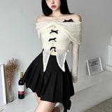 Kylethomasw  Apricot Gentle Sweet Mature Mature Beautiful Sexy All-match Casual Women Autumn One-line Collar Knitted Mesh Dovetail Top