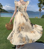 KYLETHOMASW  -  Floral Prints Midi Dresses for Women Vintage Fashion Elegant French Clothing Casual Holiday Beach Party Summer New