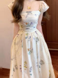 KYLETHOMASW  -  French Square Collar Flying Sleeve Floral Dress Women Summer New Patchwork A Line Dress High Waist Backless Temperament Vestidos