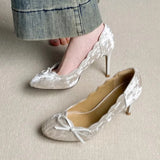 KYLETHOMASW  -  Designer Brand High Heels Ladies Velvet Round Toe Butterfly-knot Women Pump Shallow Fashion Elegant Thin Heels Party Dress Shoes