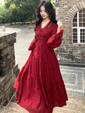 KYLETHOMASW  -  Autumn Elegant Red Hollow Out Evening Dresses for Women V-Neck Lace-up Long Sleeve A-Line Vestidos Vintage Party Dress Long Robe