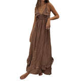 KYLETHOMASW  -  Summer New Suspender Deep V Strap Ruffle Edge High Waist Solid Color Dress