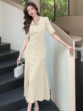 KYLETHOMASW  - Women Black Beige Temperament Split Knit Dress Summer Vintage Single Breasted Robe 2024 Green Office Lady New Elegant Long Dress