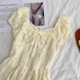 KYLETHOMASW  -  French Sweet Puff Sleeve Women Dress Elegant Casual Fashion Waist Vestidos Lace Exquisite Simple Square Neck A Line Cute Skirt
