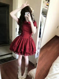 KYLETHOMASW  -  Red Vintage Waist Cinching Sweet Lace Dresses Y2k Lace Up Spring Summer Elegant Women's Dress Korean Fashion Design Ouutfit