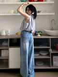 KYLETHOMASW  -  Y2k Vintage High Waisted Blue Washed and Distressed Jeans Women American Retro Streetwear Harajuku Baggy Trousers 2000s