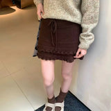 KYLETHOMASW  -  Knitted Mini Skirt Ruffles Solid Sweet Autumn Winter Y2k Retro Woman Skirts Korean Fashion Elegant Faldas Mujer