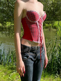 KYLETHOMASW  -  British style sweet and spicy plaid waist tie strapless new product Lolita lace lace design sense small vest