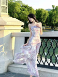 KYLETHOMASW  -  Vacation Style Purple Lace Trim Halter Dress Women Summer Irregular Beach Beautiful Atmosphere Long Skirt Soft Medium Printed