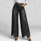 KYLETHOMASW  -  Women Wide Leg Denim Jeans Floral Lace Splicing Hollow Out High Waist Long Pants Retro Casual Ladies Streetwear Bottoms