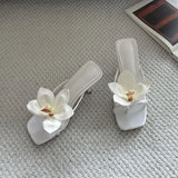 KYLETHOMASW  -  New Fashion Flower Women Thin Heels Pumps Slides Shoes Female Flip flops Square Toe Ladies Heeled Sandals Shoes Big Size 43