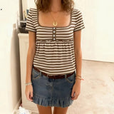 KYLETHOMASW  -  American Daily Striped Contrasting Square Neck Short Sleeved T-shirt Sexy Spicy Girl A-list Casual Basic Versatile Tops