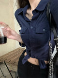 Kylethomasw Vintage Navy Blue Three Quarter Shirt for Women Tops Button Up Slim White Blouse Female Autumn Fashion Black Clothes