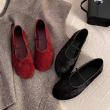KYLETHOMASW  -  Round Toe Horsehair Ballet Flats Women Shoes Elastic Band Elegant Red Mary Janes Ladies Shallow Spring Autumn Black Loafers