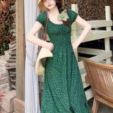 KYLETHOMASW  -  Green Floral Print Long Dresses Spring Summer French Style Vintage Women Dress Elegant Fashion Spring Summer Vestidos Mujer