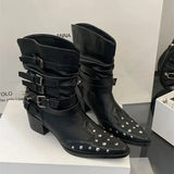 KYLETHOMASW  -  Black Gothic Shoes Platform Rivet Belt Buckle Chunky Heels Ankle Boots Punk Woman Cowboy Western Boots 2025 New Arrival