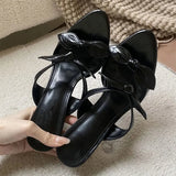 KYLETHOMASW  -  Fashion Women Pink Bow Knot High Heel Mules Open Toe Patent Leather Slip On Sandals Thin Heel Summer Party Dress Shoes