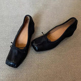 KYLETHOMASW  -  Retro Square toe folding Bowknot Soft Leather Women Pumps Ballet Style Thick High heels Casual Chunky Loafer Shoes