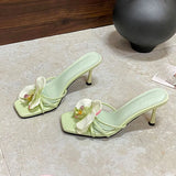 KYLETHOMASW  -  Female Slip On Footwear Square Toe Ladies High Heels Pumps Slides Shoes Luxury Fashion Flower Women Thin Heels Shoes 2025 New