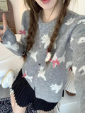 KYLETHOMASW  -  Korean Sweet Blue Gray Print Bow Button Sweater Women Round Neck Cardigans Long Sleeve Knitwear Tops Autumn Winter Clothing Chic