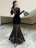 KYLETHOMASW  -  Sexy Mesh Maxi Dresses for Women Bodycon Long Sleeve Mermaid Evening Party Dress Prom Robe Black One Piece Vestidos Mujer New