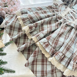 KYLETHOMASW  -  Pure Cotton Plaid Preppy Dress Women British Retro Lace Bandage Bow Kawaii Mini Dress Vintage Chic Square Collar Ball Gown Dress