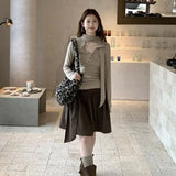 KYLETHOMASW  -  Autumn Fashion Pleated Skirt Women High Waist Solid Color Versatile  A-Line Skirts Office Lady Belt Knee Length Skirt 872A